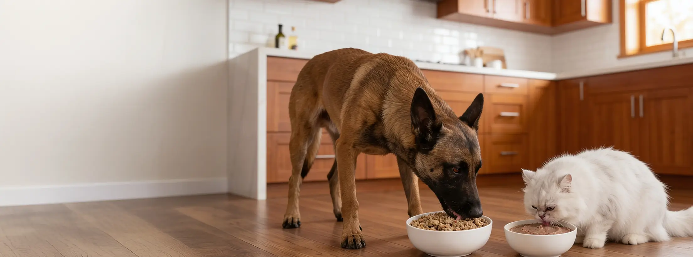 A dog and cat eating together