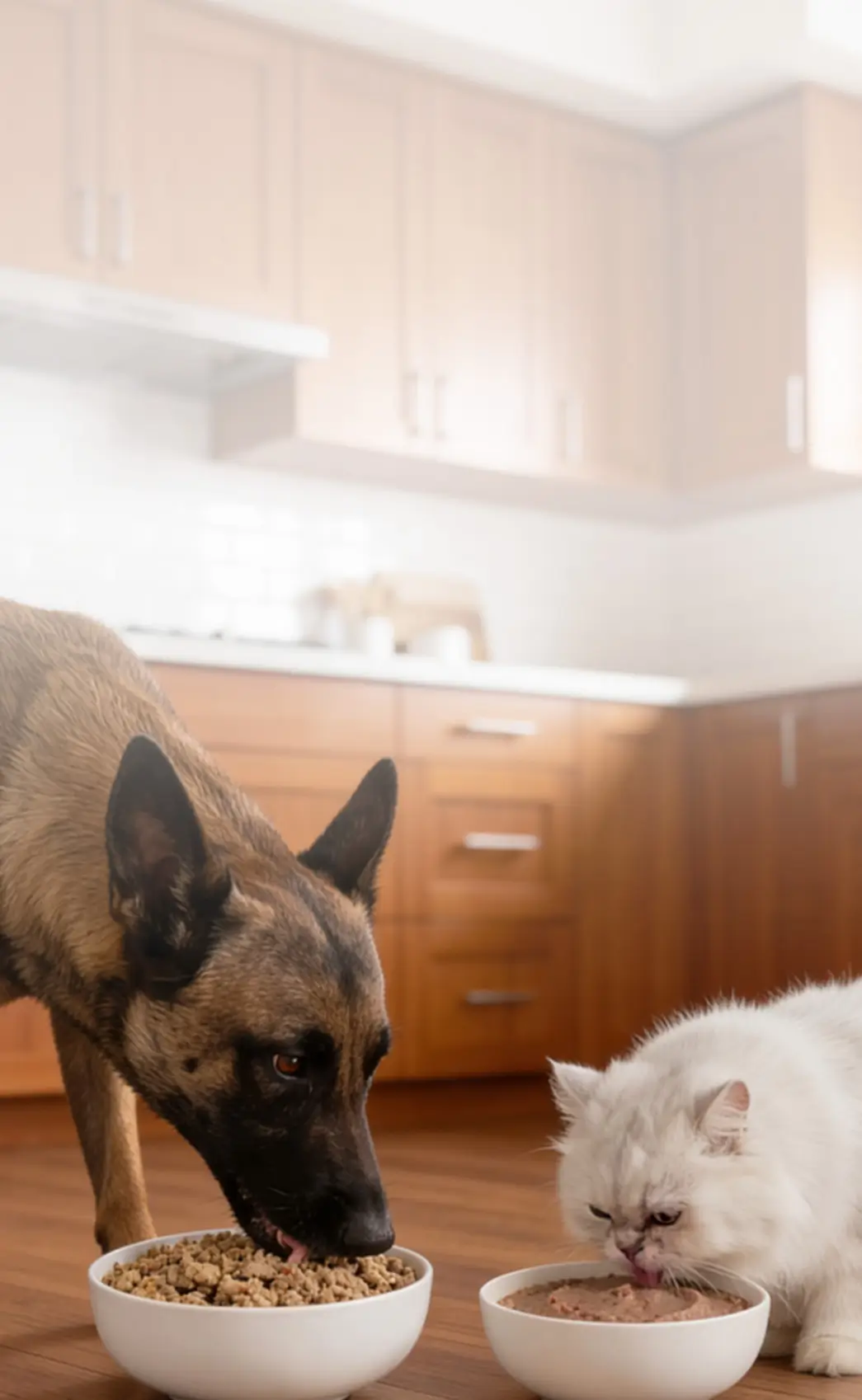 A dog and cat eating together