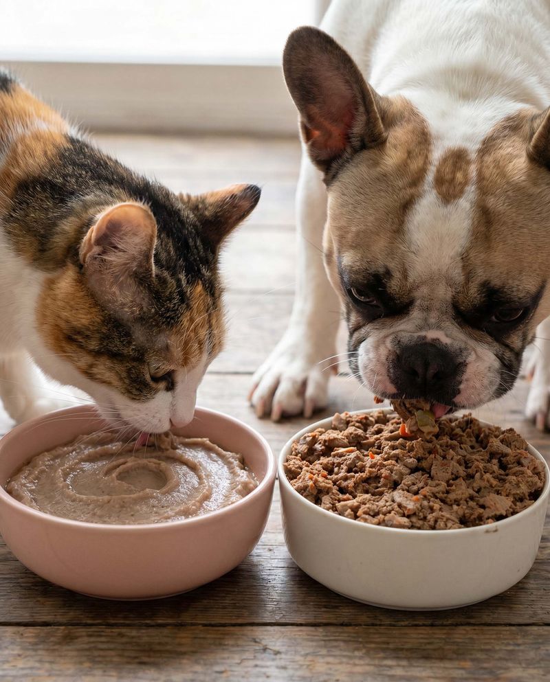 A cat and a dog eating fresh Wunderdog meals from separate bowls