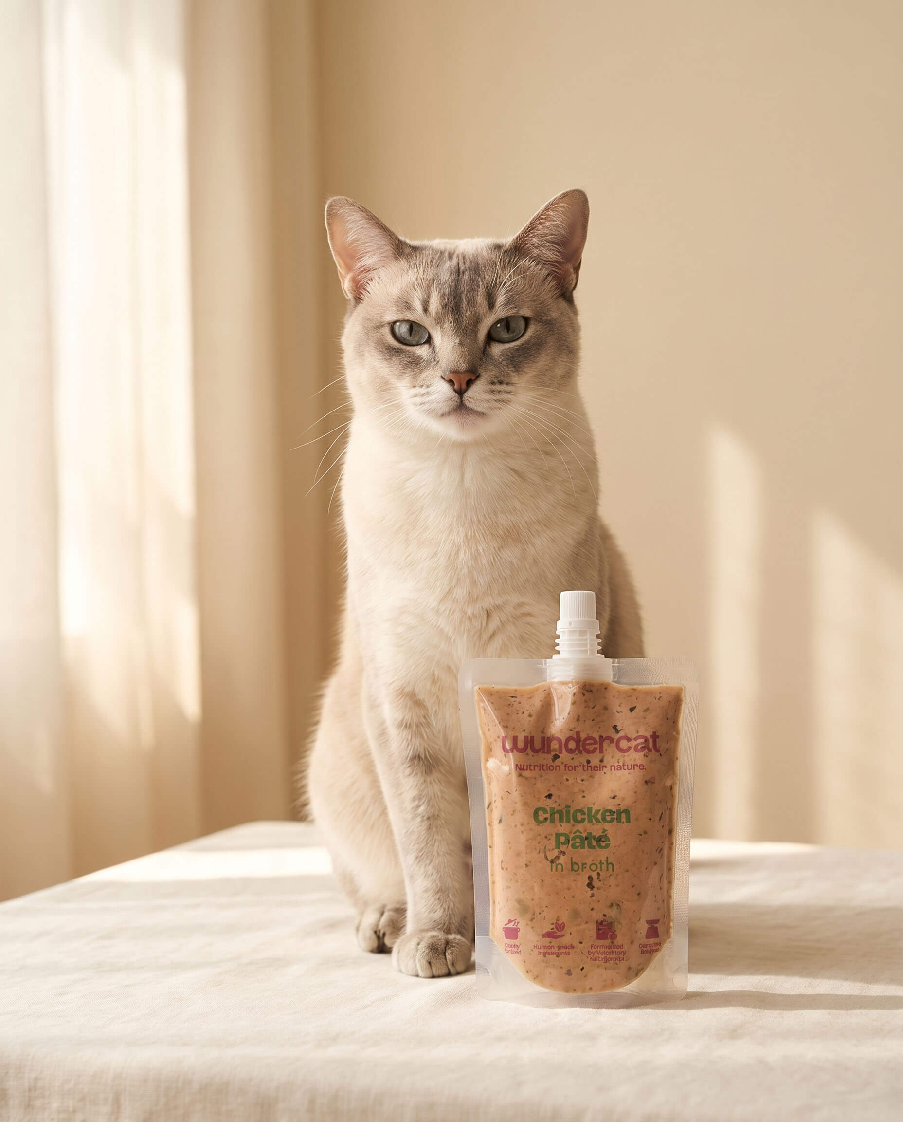 Cat sitting beside a Wundercat fresh-food pouch