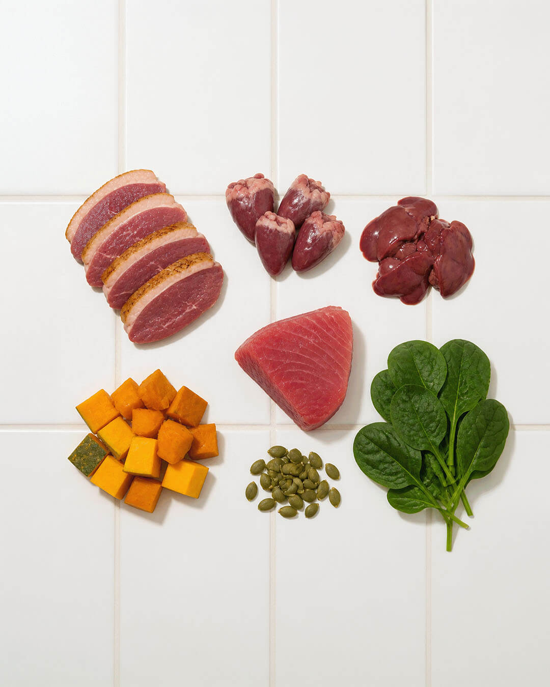 Fresh raw ingredients: muscle meat, organs, fish, pumpkin and pumpkin seeds